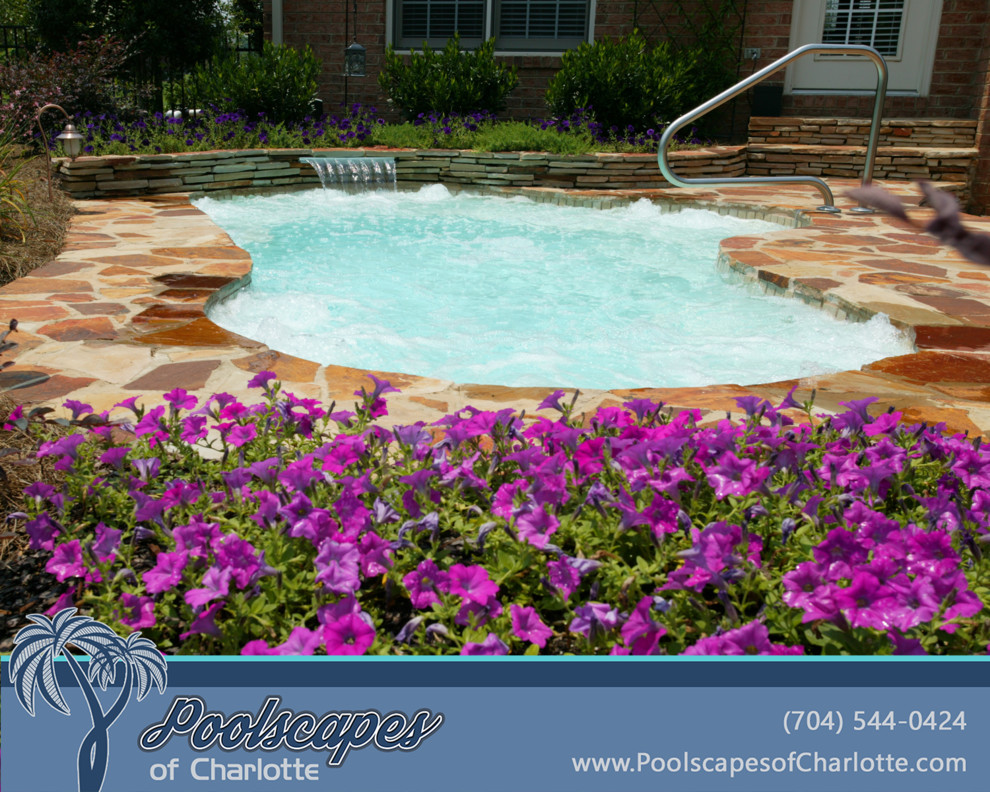 This is an example of a small traditional back custom shaped swimming pool in Charlotte with a water feature and decking.