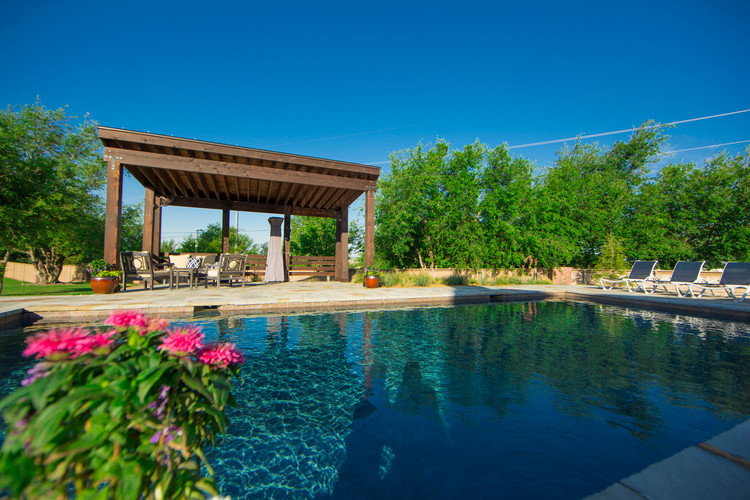 Modelo de piscina natural tropical grande rectangular en patio trasero con adoquines de piedra natural