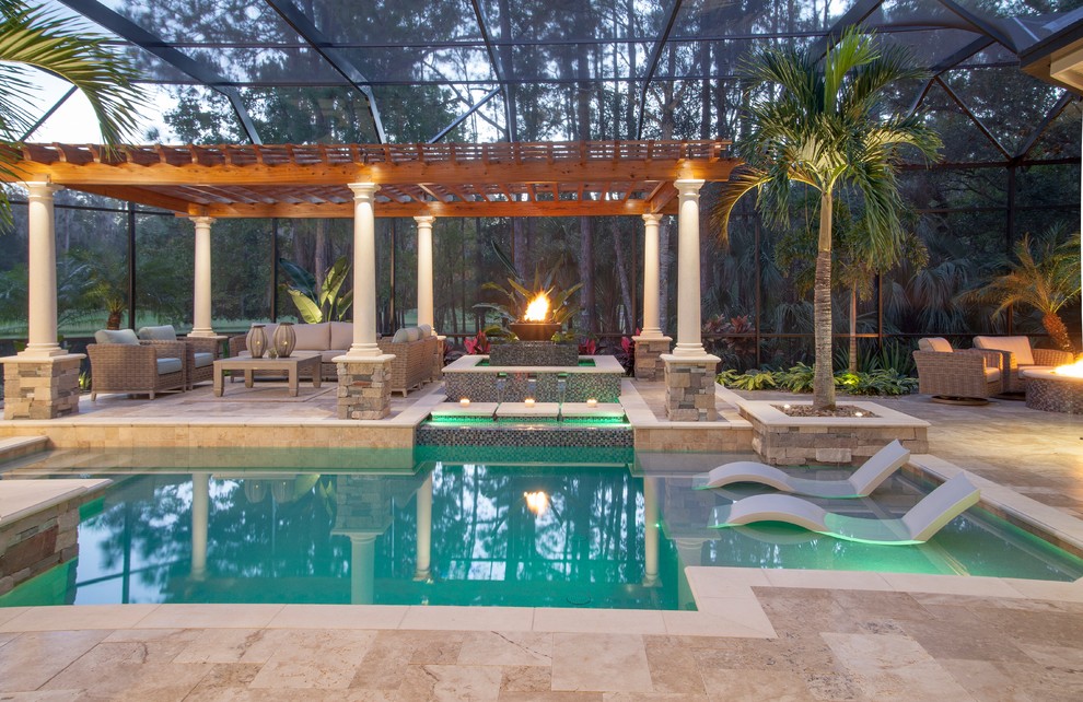 Pool fountain - large transitional backyard stone and custom-shaped pool fountain idea in Tampa