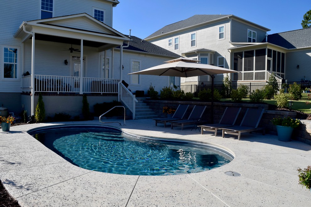 Ejemplo de piscina alargada minimalista de tamaño medio tipo riñón en patio trasero con losas de hormigón
