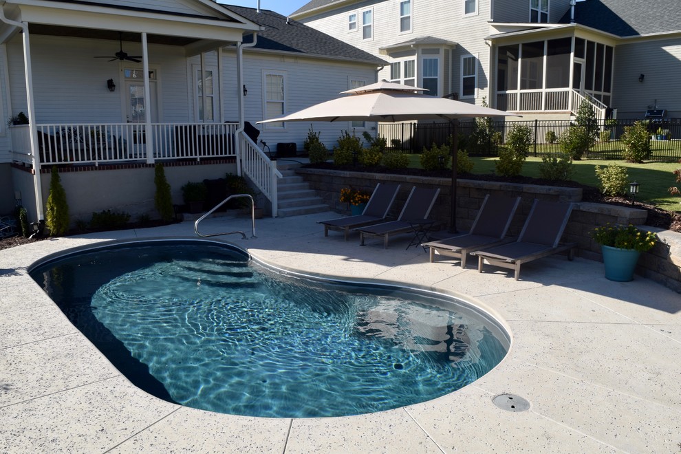 Imagen de piscina alargada minimalista de tamaño medio tipo riñón en patio trasero con losas de hormigón