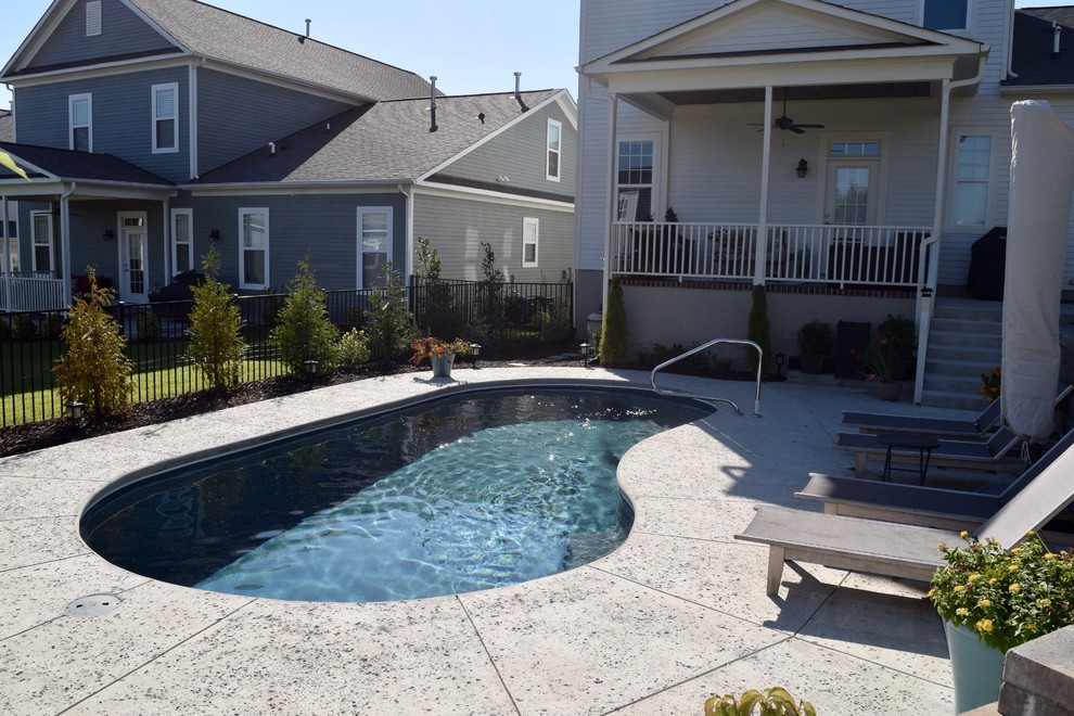 Foto de piscina alargada moderna de tamaño medio tipo riñón en patio trasero con losas de hormigón