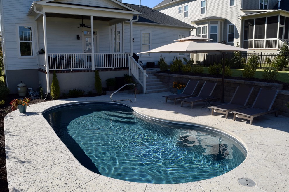 Imagen de piscina alargada minimalista de tamaño medio tipo riñón en patio trasero con losas de hormigón
