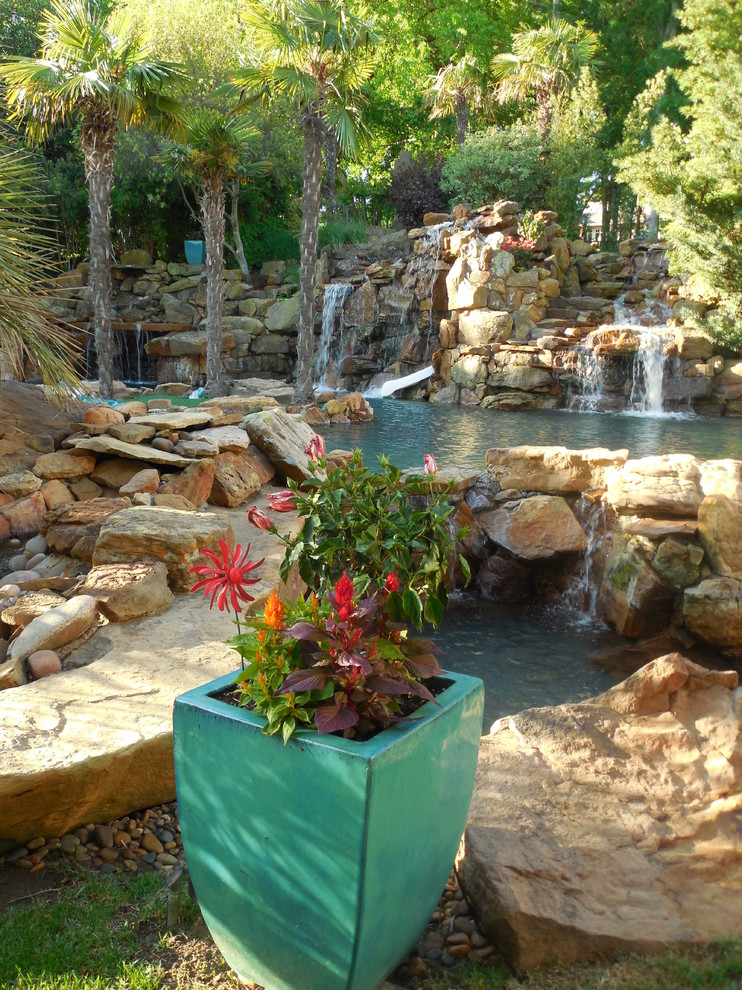 Immagine di un'ampia piscina naturale tropicale personalizzata dietro casa con fontane e cemento stampato