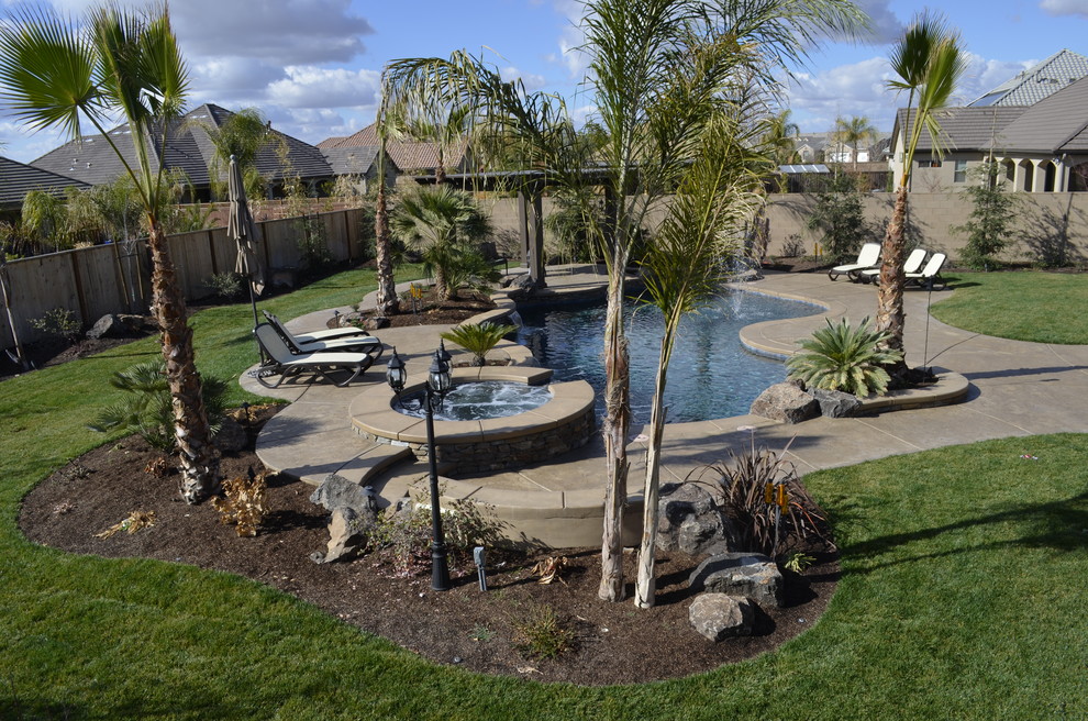 Diseño de piscinas y jacuzzis naturales exóticos grandes a medida en patio trasero con suelo de hormigón estampado