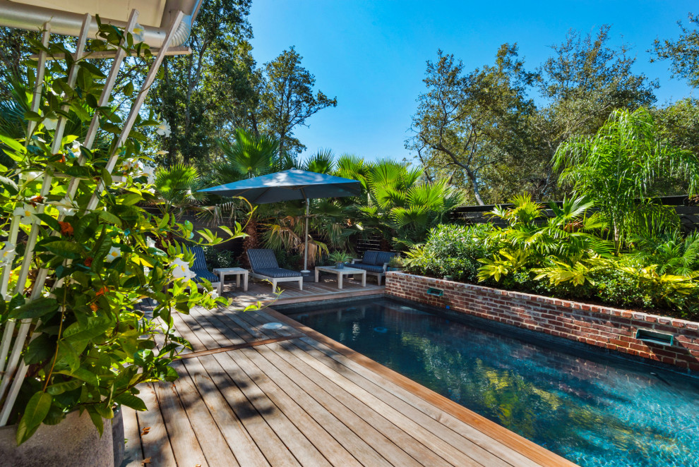 Ejemplo de piscina tropical pequeña rectangular en patio lateral con entablado