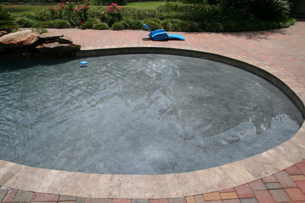 Foto de piscinas y jacuzzis naturales tropicales grandes a medida en patio trasero con adoquines de ladrillo
