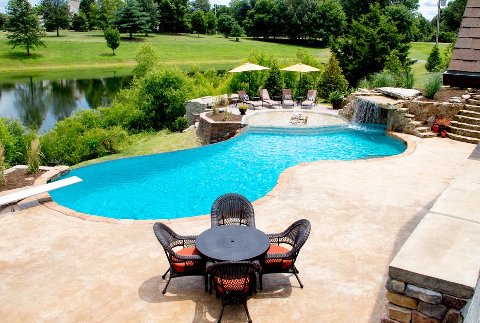 Inspiration for a large tropical backyard stamped concrete and custom-shaped natural pool fountain remodel in Chicago