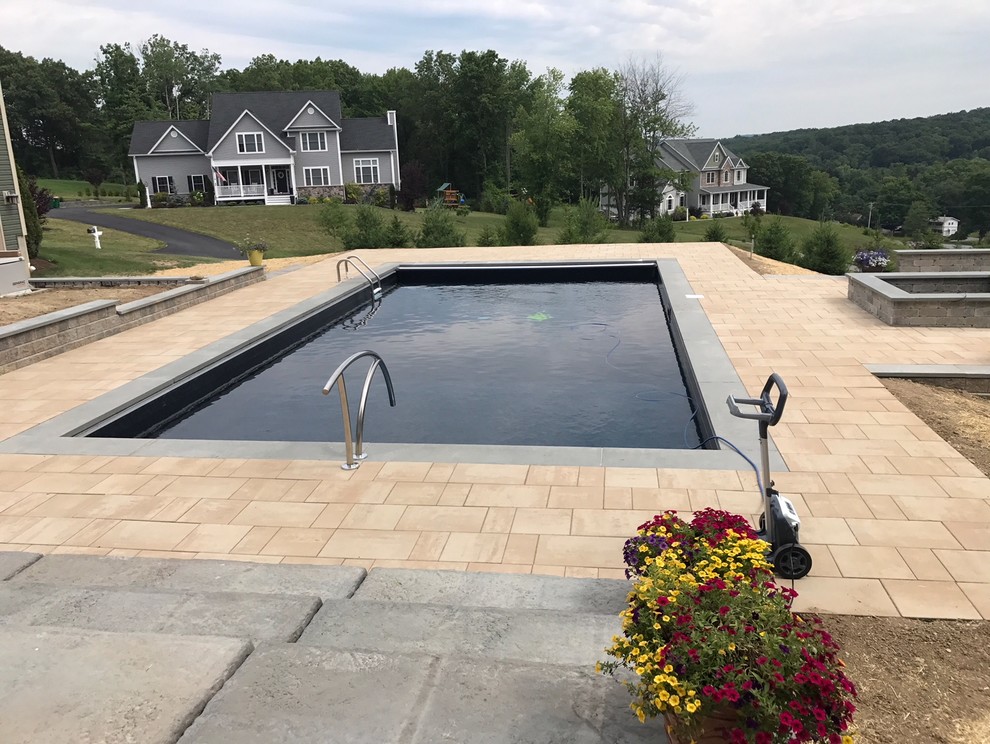 Immagine di una piscina naturale design rettangolare dietro casa con paesaggistica bordo piscina e pavimentazioni in pietra naturale