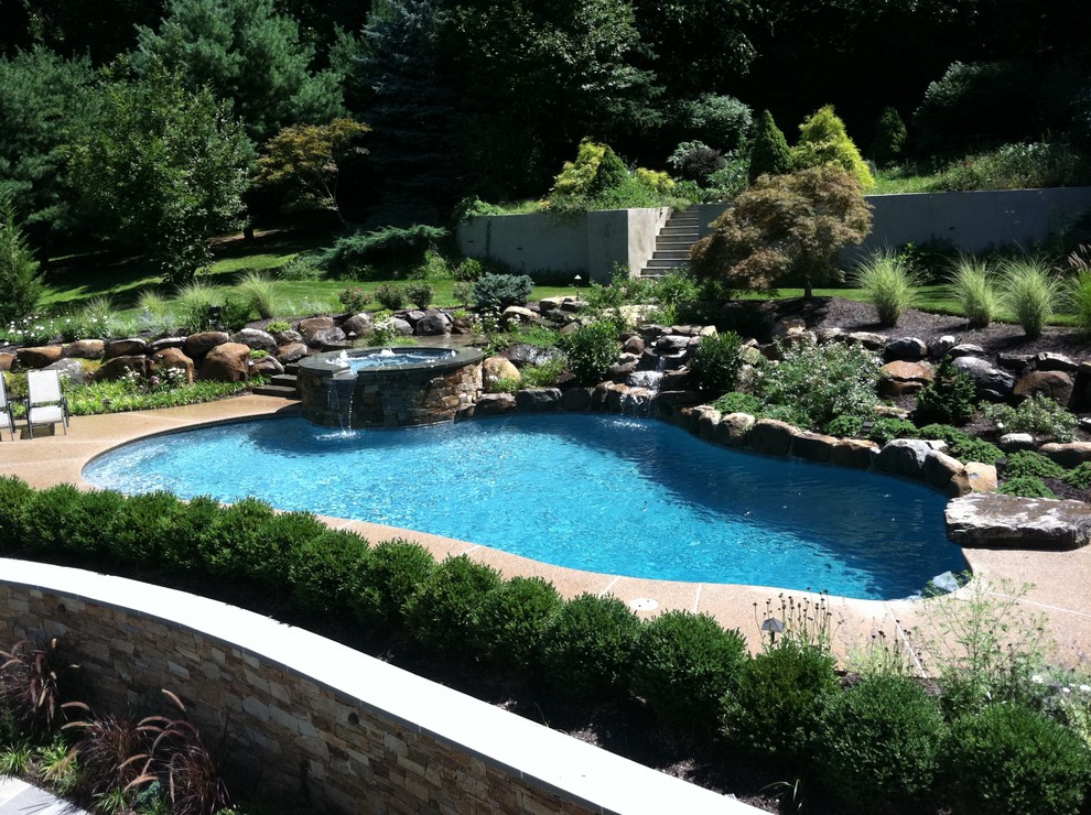 Classic back custom shaped natural swimming pool in Philadelphia with a water feature and decking.