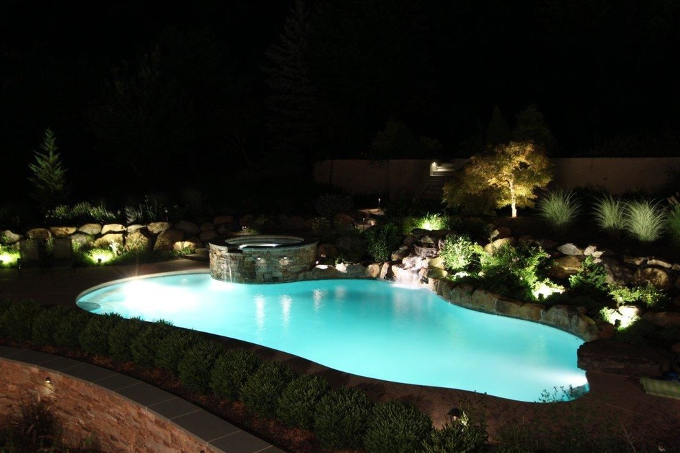 Пример оригинального дизайна: естественный бассейн произвольной формы на заднем дворе в классическом стиле с фонтаном и настилом