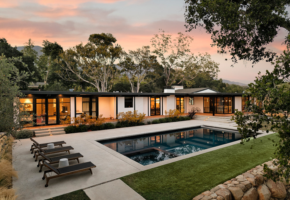 Ispirazione per una grande piscina naturale minimalista rettangolare dietro casa con cemento stampato