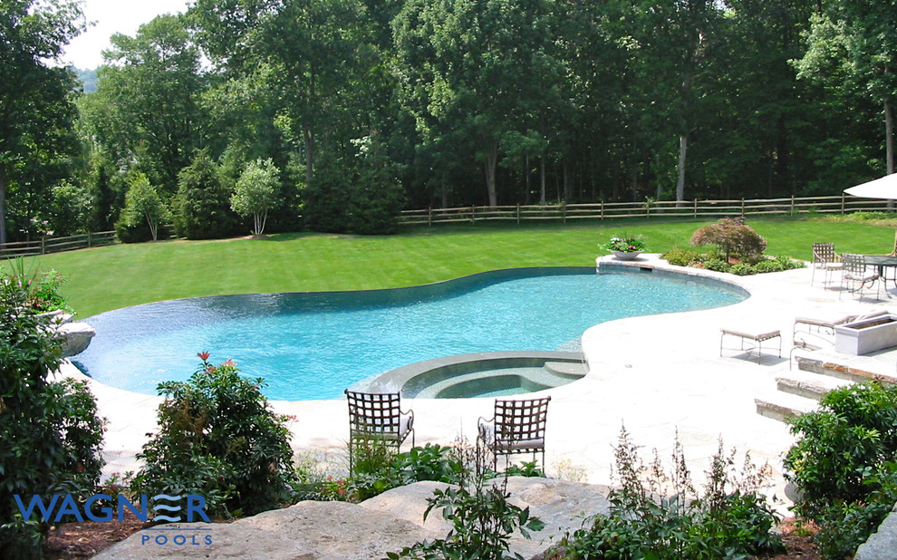 Immagine di una grande piscina a sfioro infinito chic personalizzata dietro casa con fontane e pavimentazioni in pietra naturale