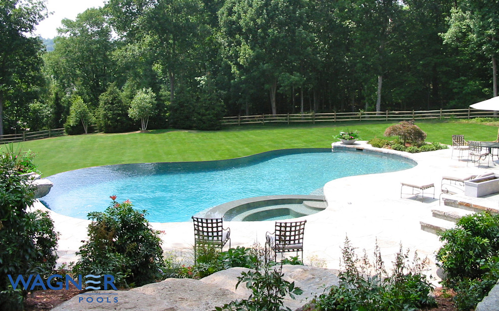 Large elegant backyard stone and custom-shaped infinity pool fountain photo in New York