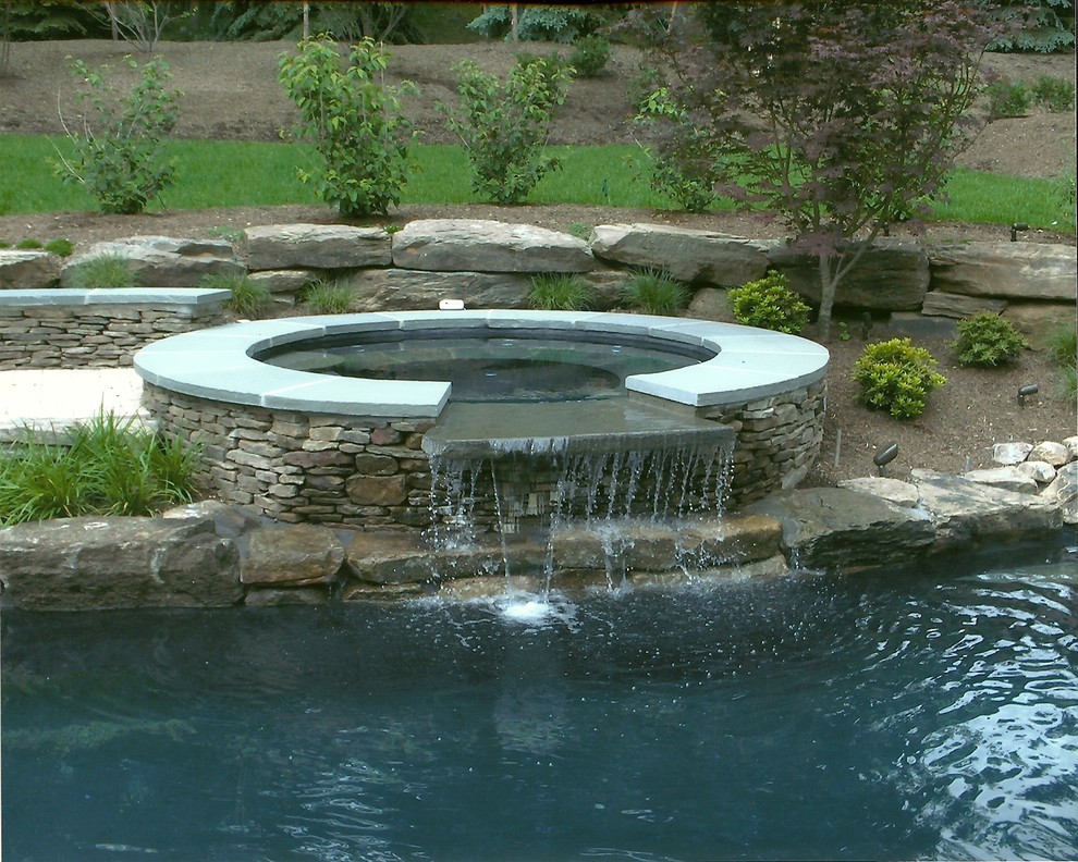 Стильный дизайн: большой естественный бассейн произвольной формы на заднем дворе в стиле рустика с мощением тротуарной плиткой и джакузи - последний тренд