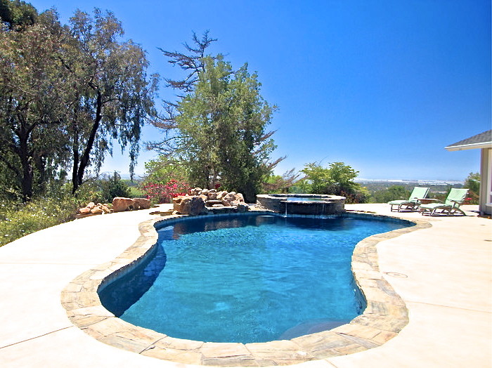 Foto de piscinas y jacuzzis naturales tradicionales renovados de tamaño medio tipo riñón en patio trasero con losas de hormigón