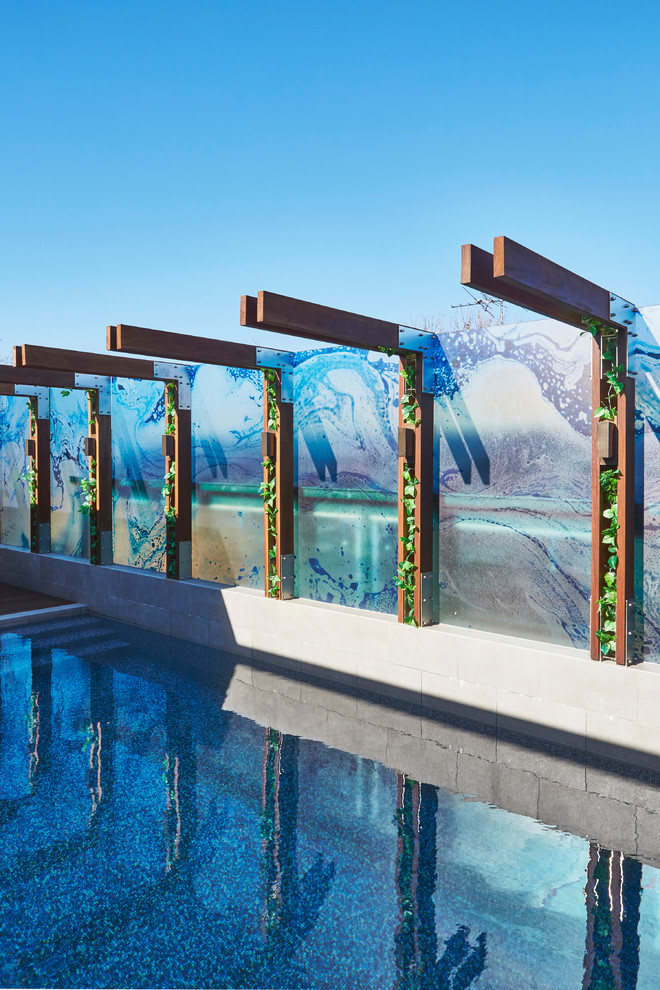 Immagine di una piscina a sfioro infinito contemporanea rettangolare di medie dimensioni e in cortile con pedane e una dépendance a bordo piscina