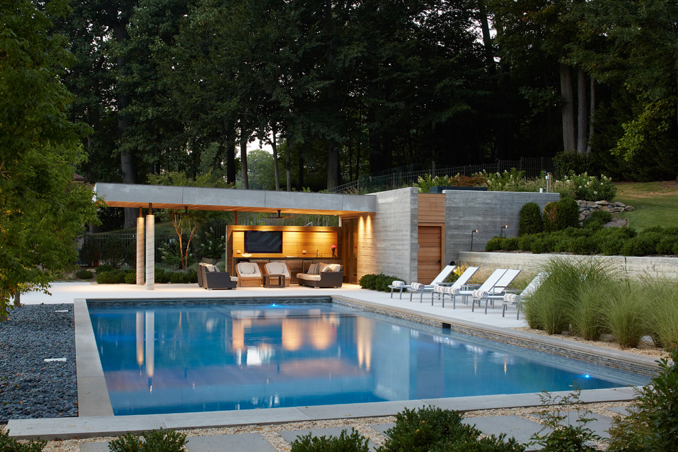 Стильный дизайн: прямоугольный бассейн среднего размера на заднем дворе в стиле модернизм с домиком у бассейна - последний тренд