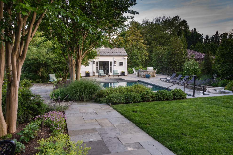 Modelo de piscina alargada clásica renovada grande rectangular en patio trasero con adoquines de piedra natural