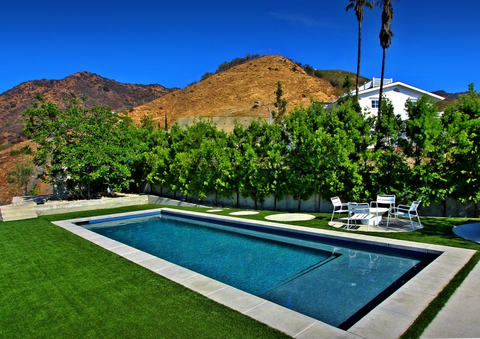 Пример оригинального дизайна: большой спортивный, прямоугольный бассейн на заднем дворе в стиле модернизм с мощением тротуарной плиткой
