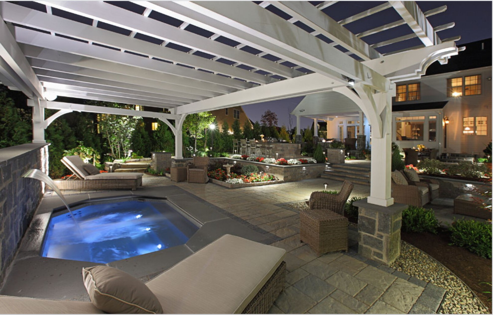 Inspiration for a small transitional backyard stone and custom-shaped pool fountain remodel in Boston