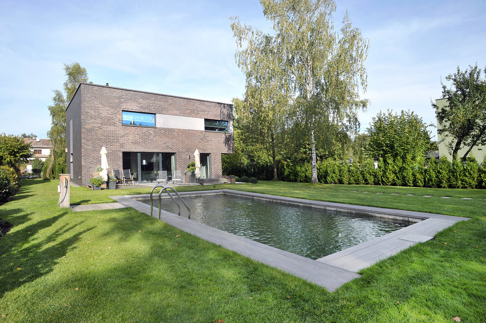 Diseño de piscina natural tradicional de tamaño medio rectangular en patio lateral