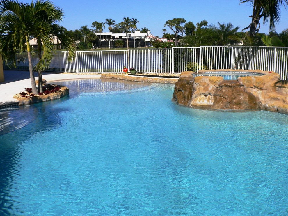 Example of a large island style backyard concrete paver and custom-shaped natural pool fountain design in Miami