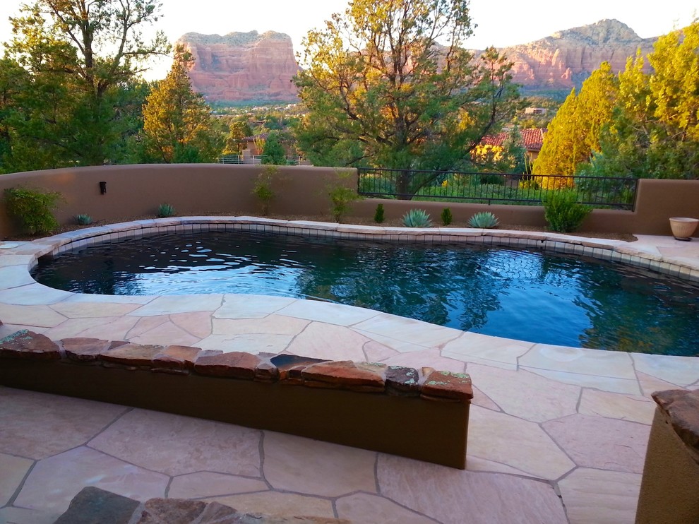 Medium sized back kidney-shaped swimming pool in Phoenix with natural stone paving.