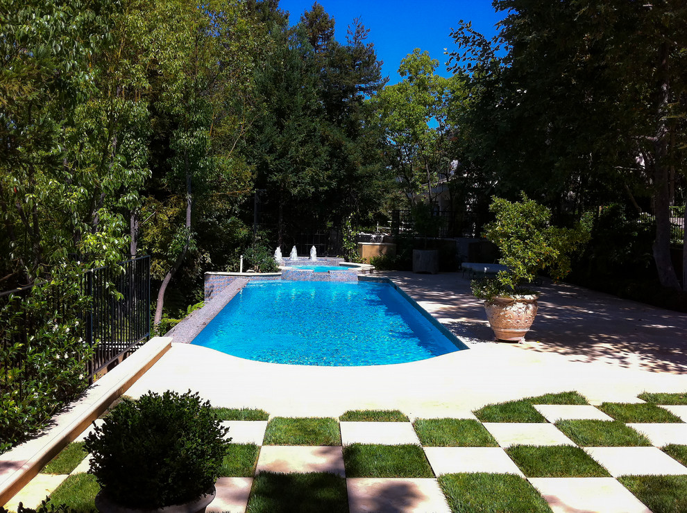 Foto de piscinas y jacuzzis naturales grandes rectangulares en patio trasero con losas de hormigón