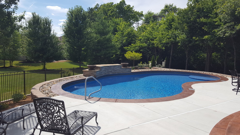 Ejemplo de piscina clásica grande tipo riñón en patio trasero con suelo de hormigón estampado