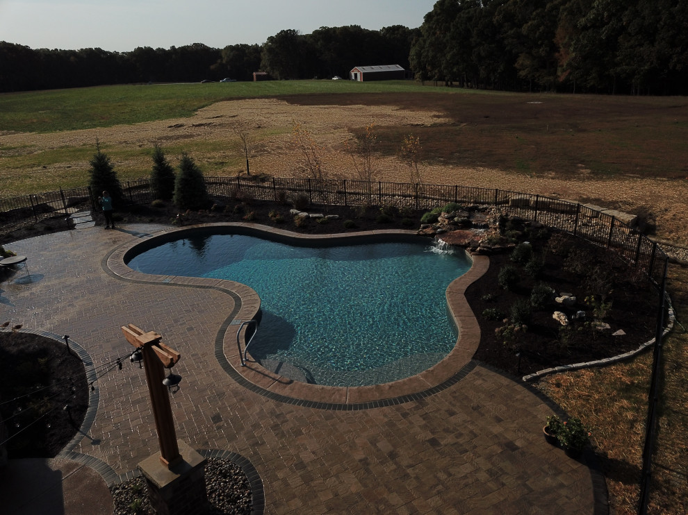 Ejemplo de piscina natural actual grande a medida en patio trasero con paisajismo de piscina y adoquines de ladrillo