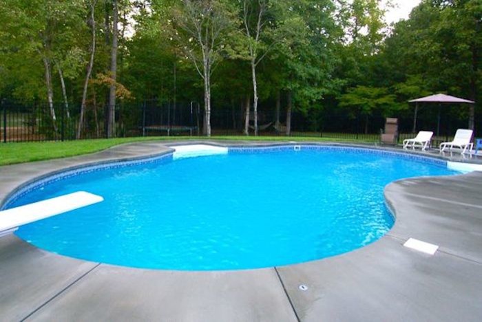 Стильный дизайн: бассейн среднего размера, произвольной формы в классическом стиле с покрытием из бетонных плит - последний тренд
