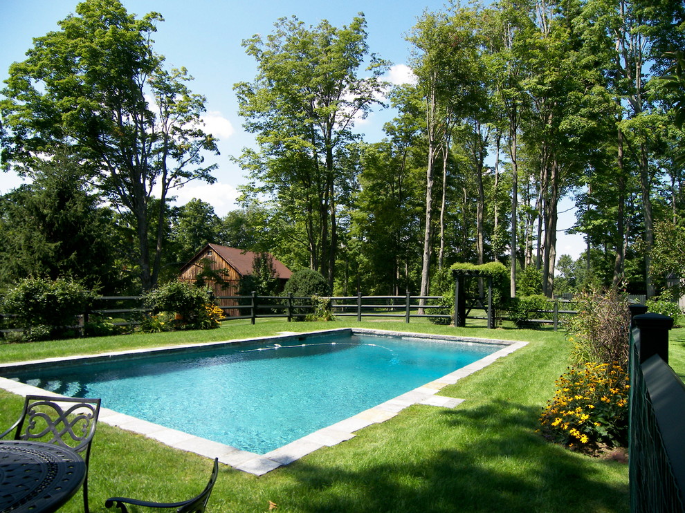 Esempio di una piscina naturale rustica rettangolare di medie dimensioni e dietro casa con pavimentazioni in pietra naturale e una dépendance a bordo piscina