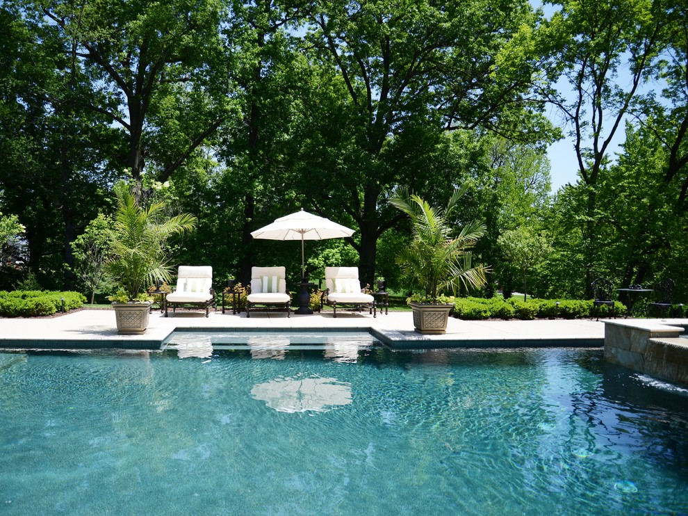Modelo de casa de la piscina y piscina infinita clásica renovada rectangular en patio trasero