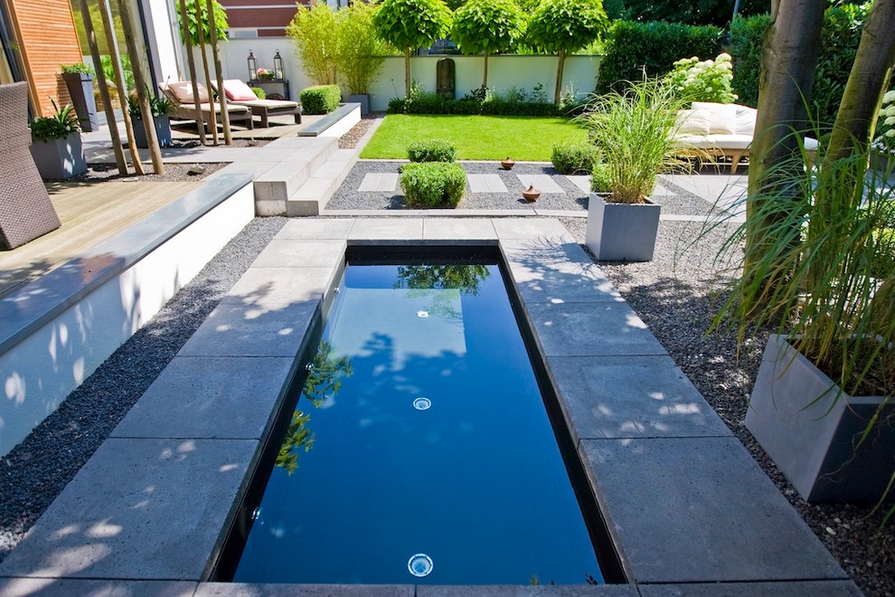 Imagen de piscina alargada actual de tamaño medio rectangular en patio trasero con adoquines de hormigón