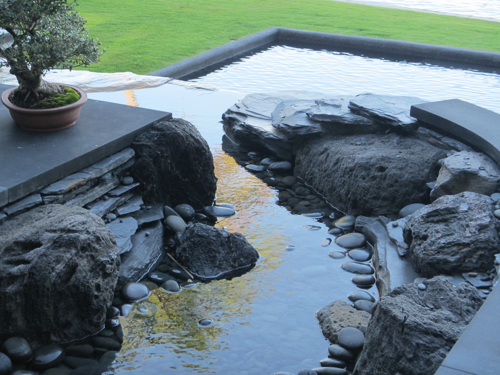 Пример оригинального дизайна: прямоугольный бассейн на заднем дворе в восточном стиле с фонтаном и покрытием из каменной брусчатки