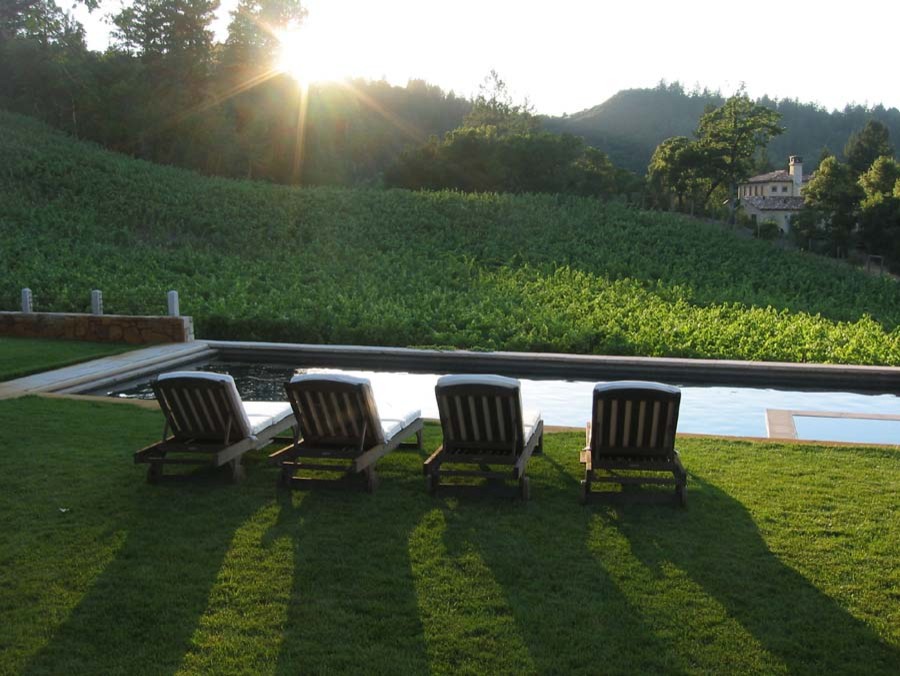 Foto de piscina infinita minimalista grande rectangular en patio trasero con adoquines de piedra natural