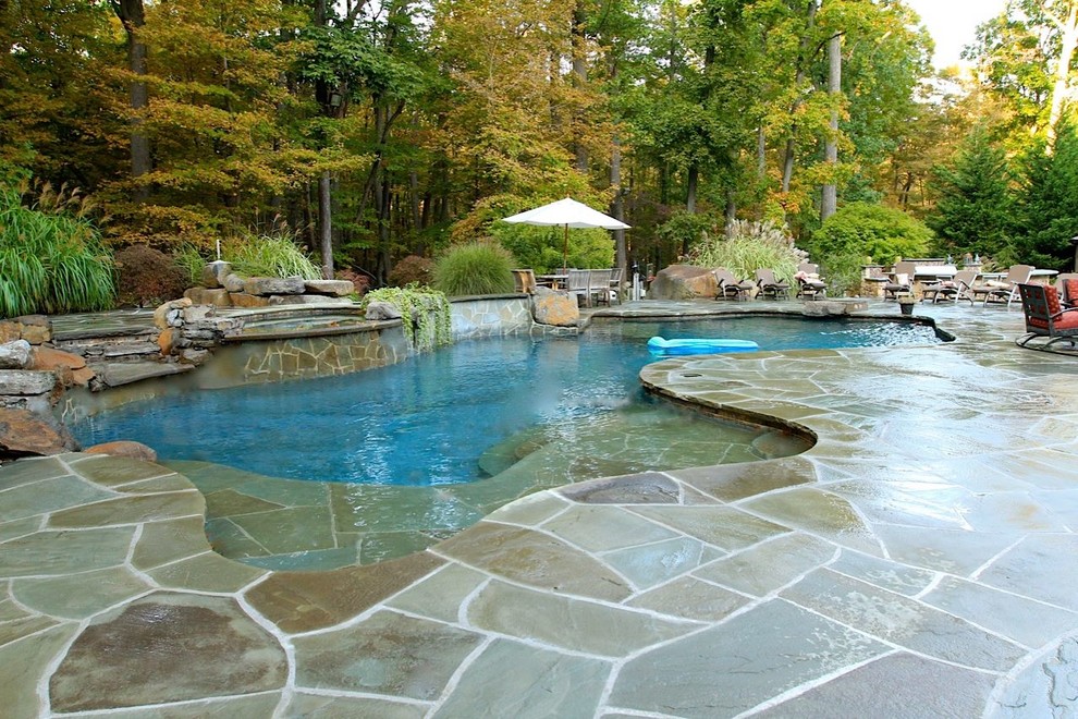 Modelo de piscinas y jacuzzis naturales clásicos renovados grandes a medida en patio trasero con adoquines de piedra natural