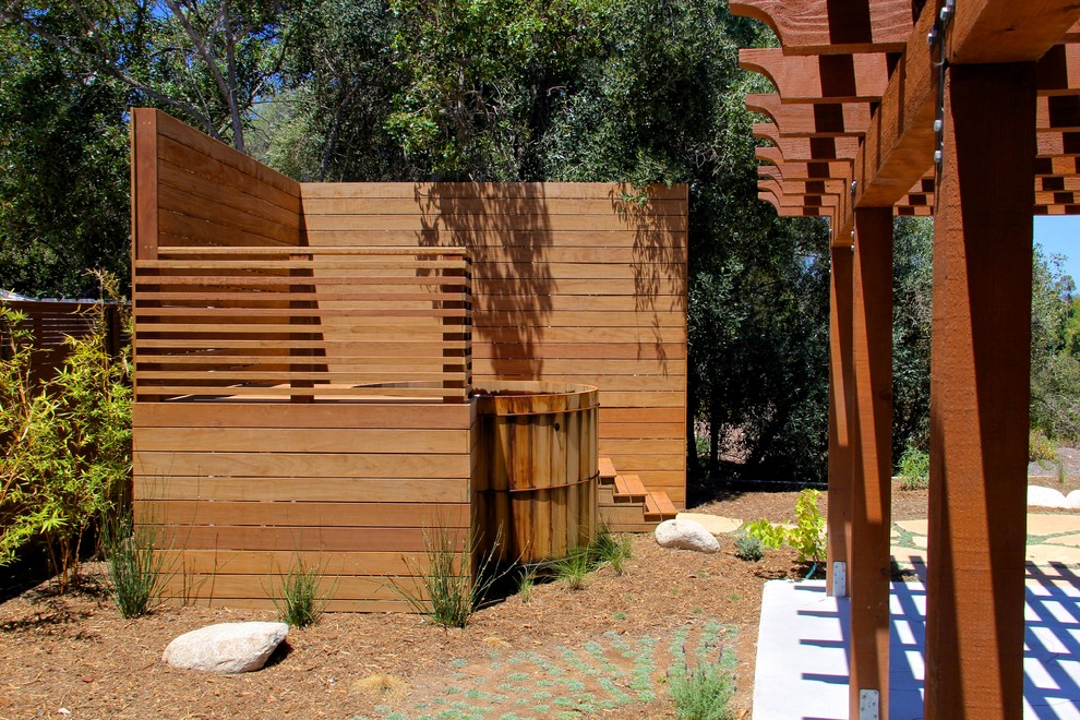 Mittelgroßer, Oberirdischer Moderner Whirlpool hinter dem Haus in runder Form mit Natursteinplatten in San Diego