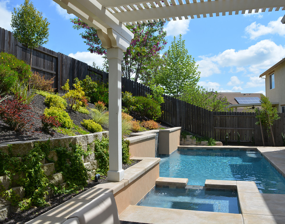 Diseño de piscina con fuente actual pequeña rectangular en patio trasero con suelo de hormigón estampado