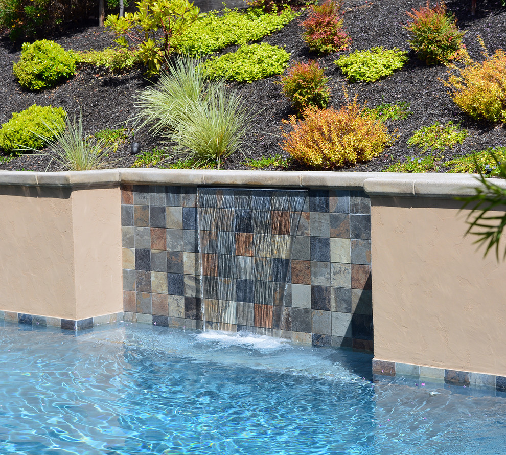 Imagen de piscina con fuente actual pequeña rectangular en patio trasero con suelo de hormigón estampado