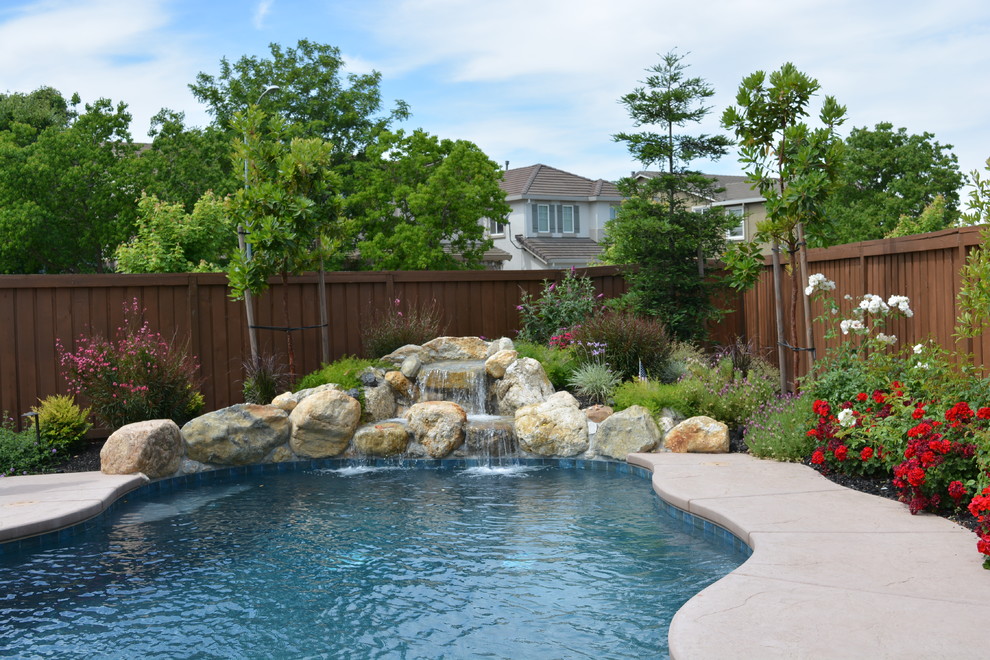 Medium sized shabby-chic style back custom shaped natural swimming pool in Sacramento with a water feature and natural stone paving.