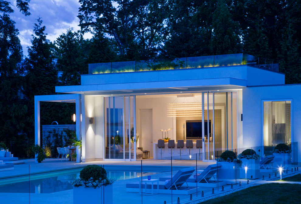 Idee per una piscina monocorsia design rettangolare di medie dimensioni e dietro casa con una dépendance a bordo piscina e pavimentazioni in cemento