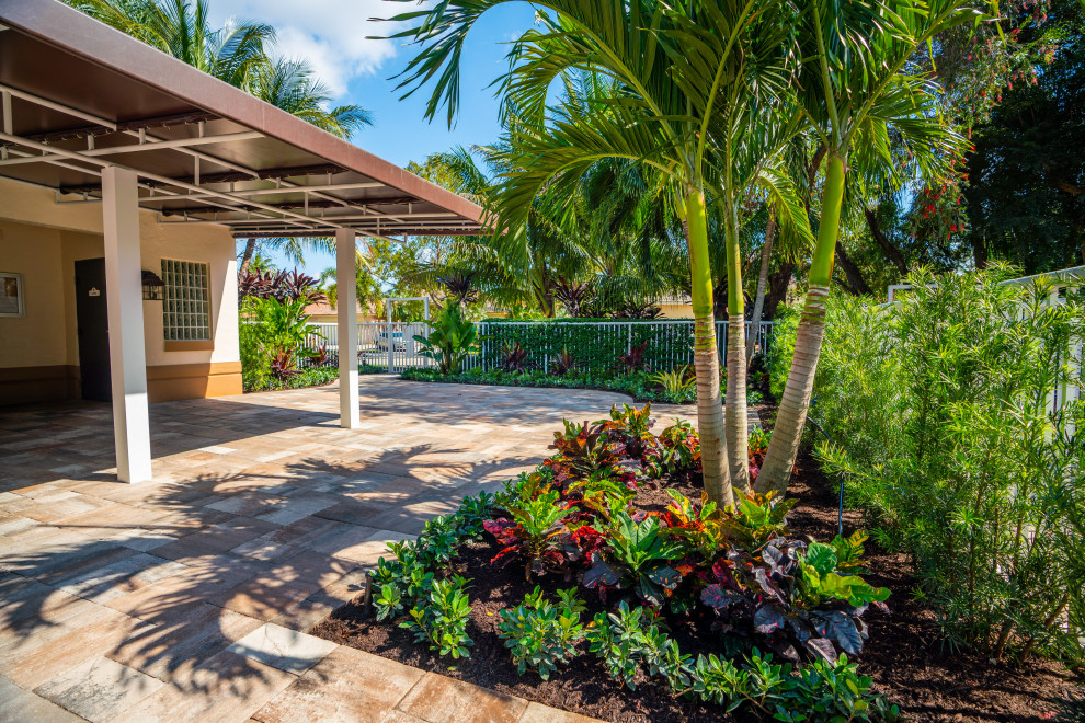 Esempio di una piscina monocorsia tropicale personalizzata di medie dimensioni e dietro casa con pavimentazioni in mattoni e paesaggistica bordo piscina