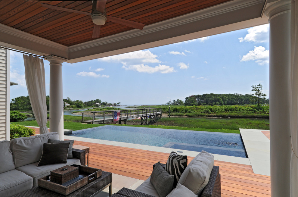 Inspiration for a timeless infinity pool remodel in New York with decking