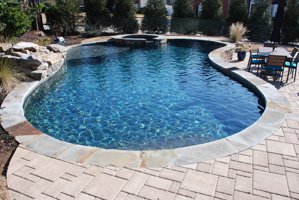 Pool - mid-sized contemporary backyard concrete paver and custom-shaped natural pool idea in Raleigh
