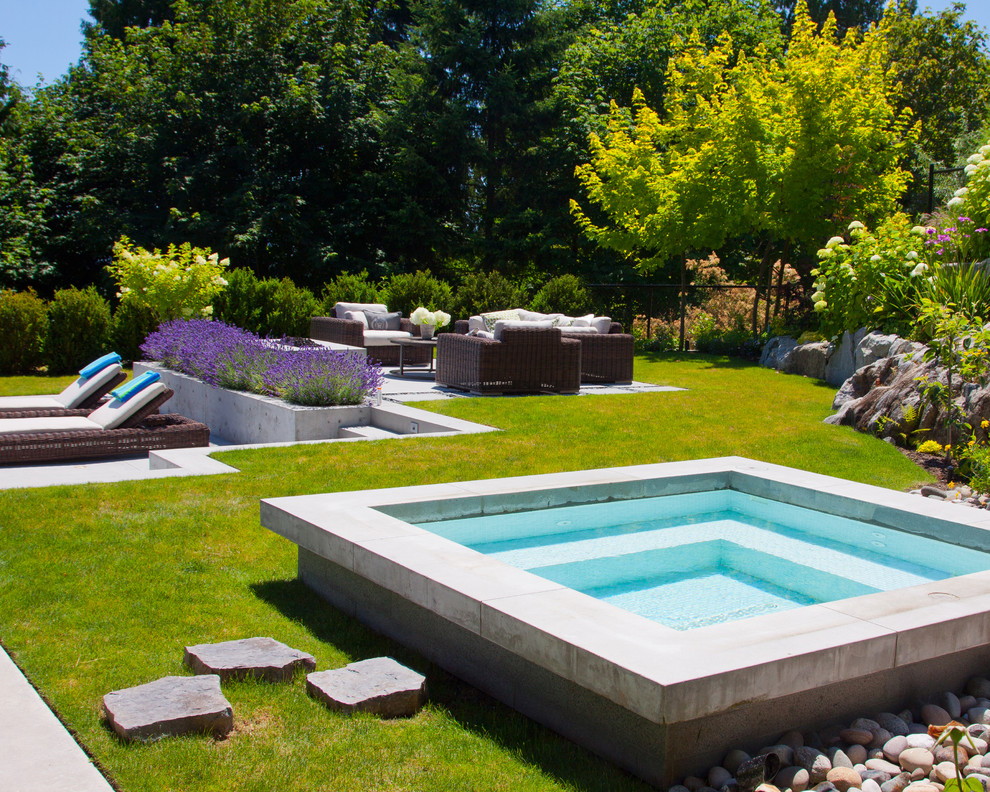 Источник вдохновения для домашнего уюта: прямоугольный бассейн-инфинити на заднем дворе в стиле модернизм с джакузи