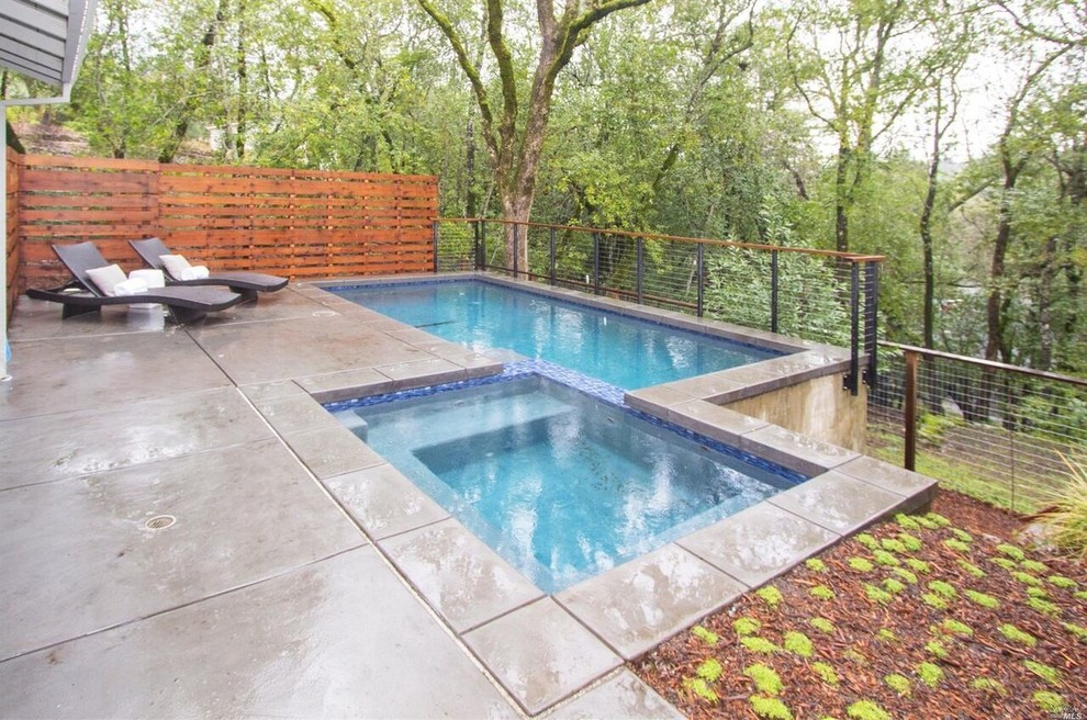 Modelo de piscina alargada moderna de tamaño medio rectangular en patio trasero con adoquines de hormigón