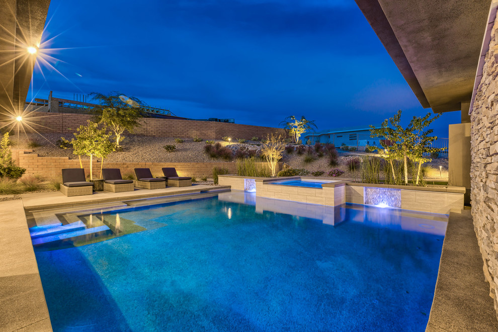 Esempio di una grande piscina monocorsia minimalista personalizzata dietro casa con una vasca idromassaggio e pavimentazioni in cemento