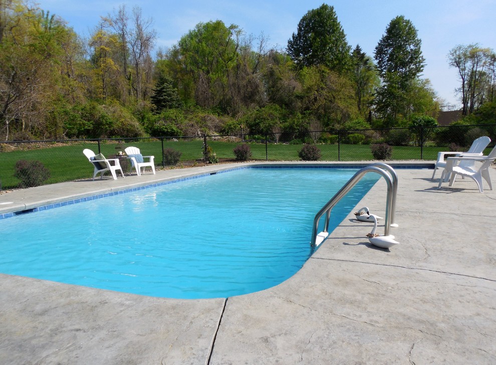 Modelo de piscina natural clásica rectangular en patio trasero con suelo de hormigón estampado